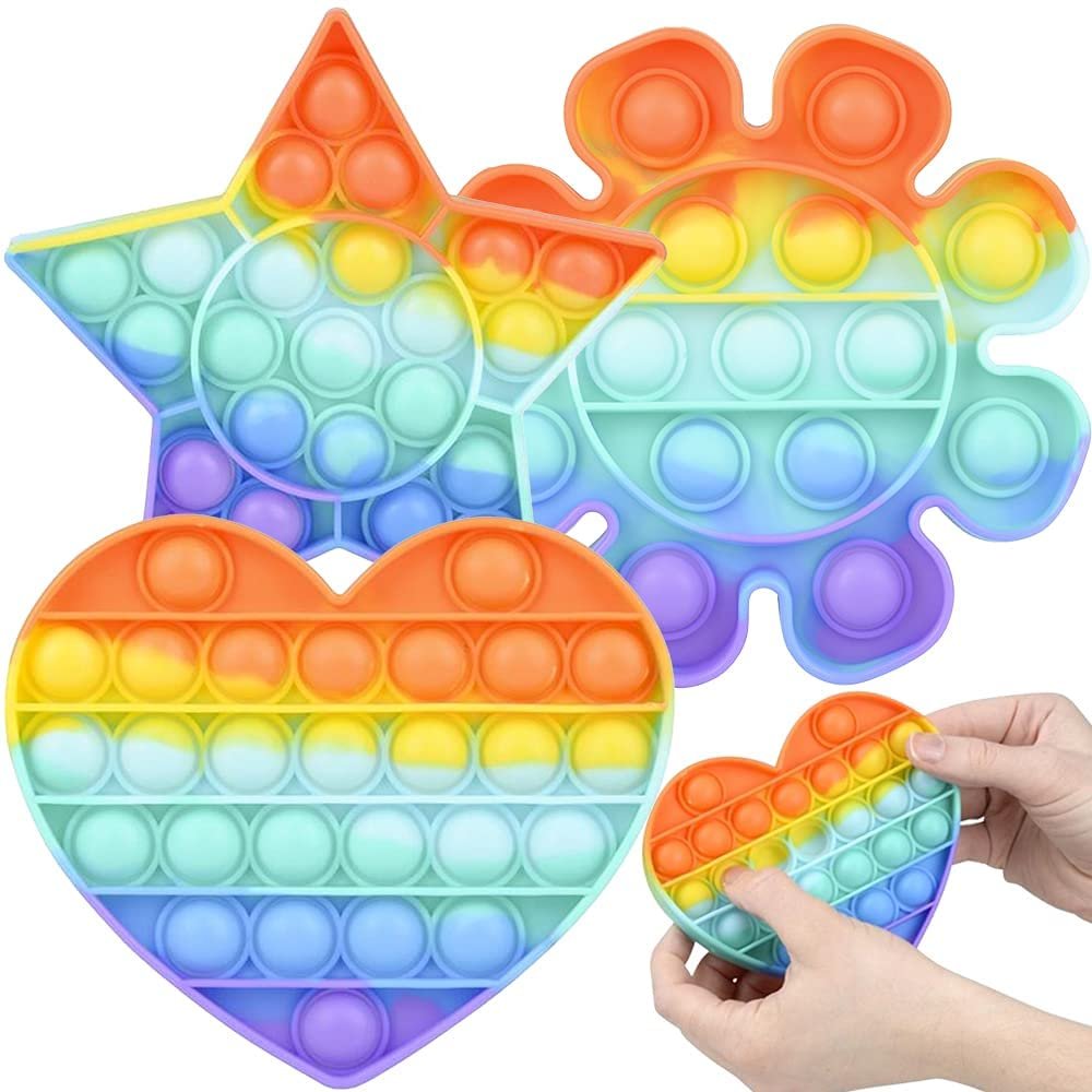 Rainbow Bubble Poppers, Set of 3, Pop It Sensory Fidget Toys, Stress Relief Toys for Boys & Girls, Silicone Push Pop Toys for Kids, Cool Birthday Party Favors & Goodie Bag Fillers