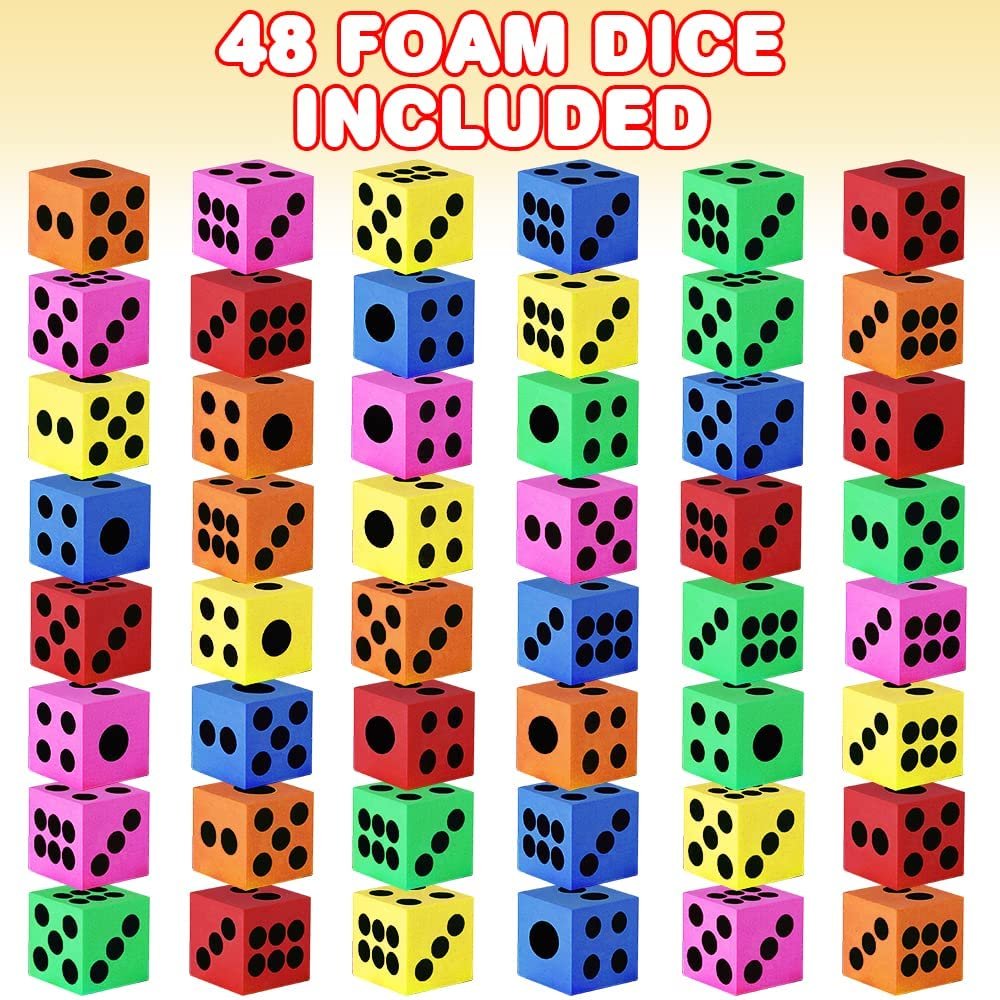 Foam Dice for Kids, Bulk Set of 48, 1.5" Large Foam Dice Set in Assorted Colors, Great as Foam Dice for Classroom, Casino Party Decorations, and Colored Dice for Board Games