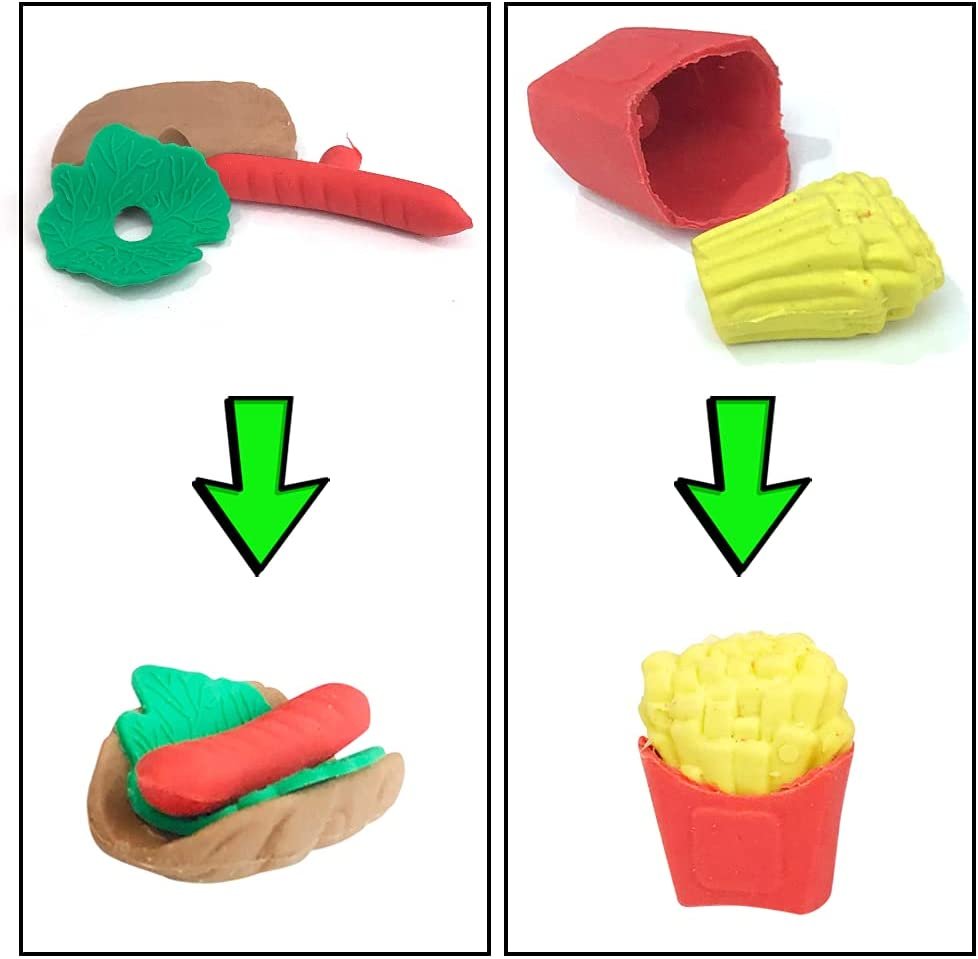 Pull Apart 3D Junk Food Erasers, Set of 12, Mini Assorted Food Erasers for Kids, Back to School Supplies for Boys and Girls, Birthday Party Favors and Goodie Bag Fillers