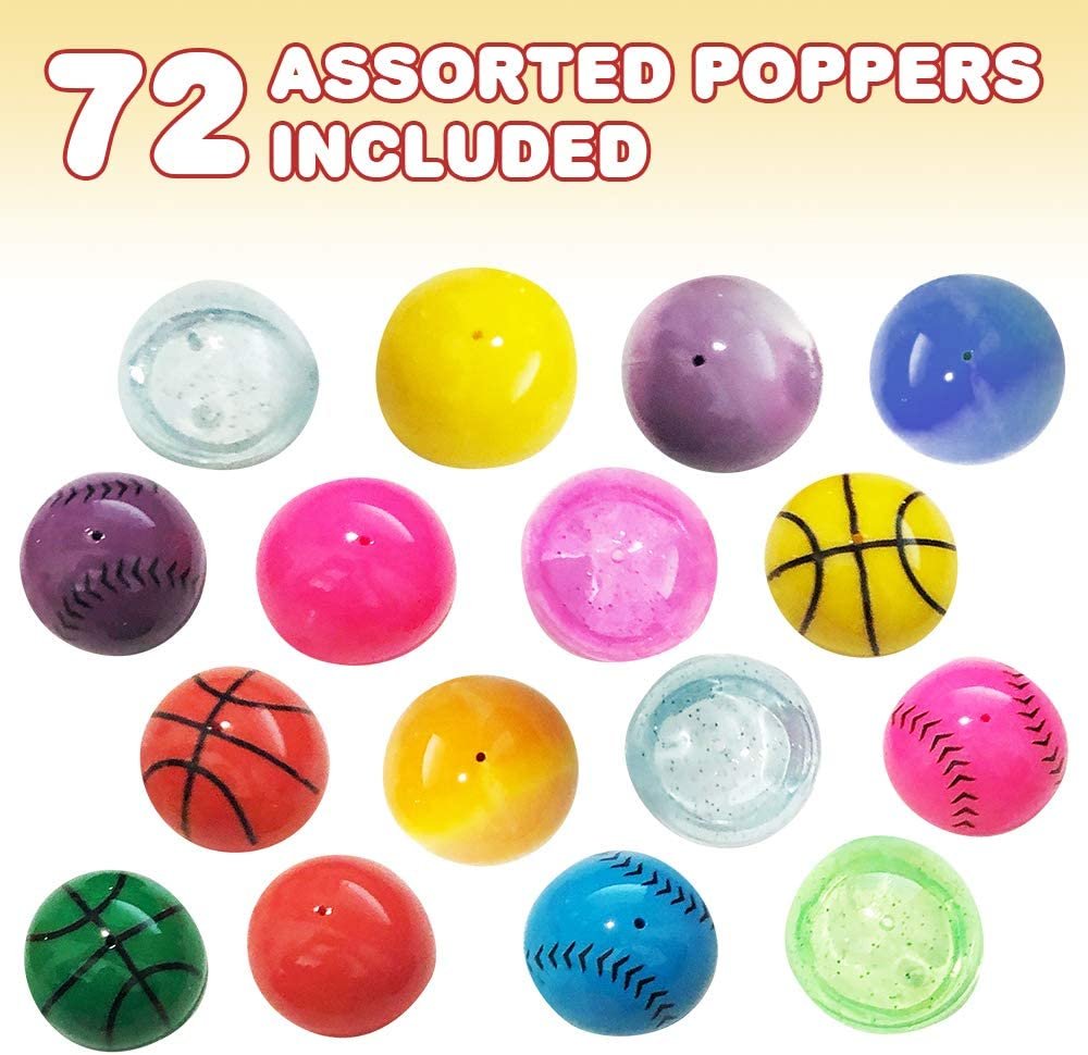 1.25" Rubber Poppers Mix for Kids, Bulk Pack of 72 Pop-Up Half Ball Toys, Fun Assorted Designs and Colors, Old School Retro 90s Toys, Birthday Party Favors and Treat Bag Fillers