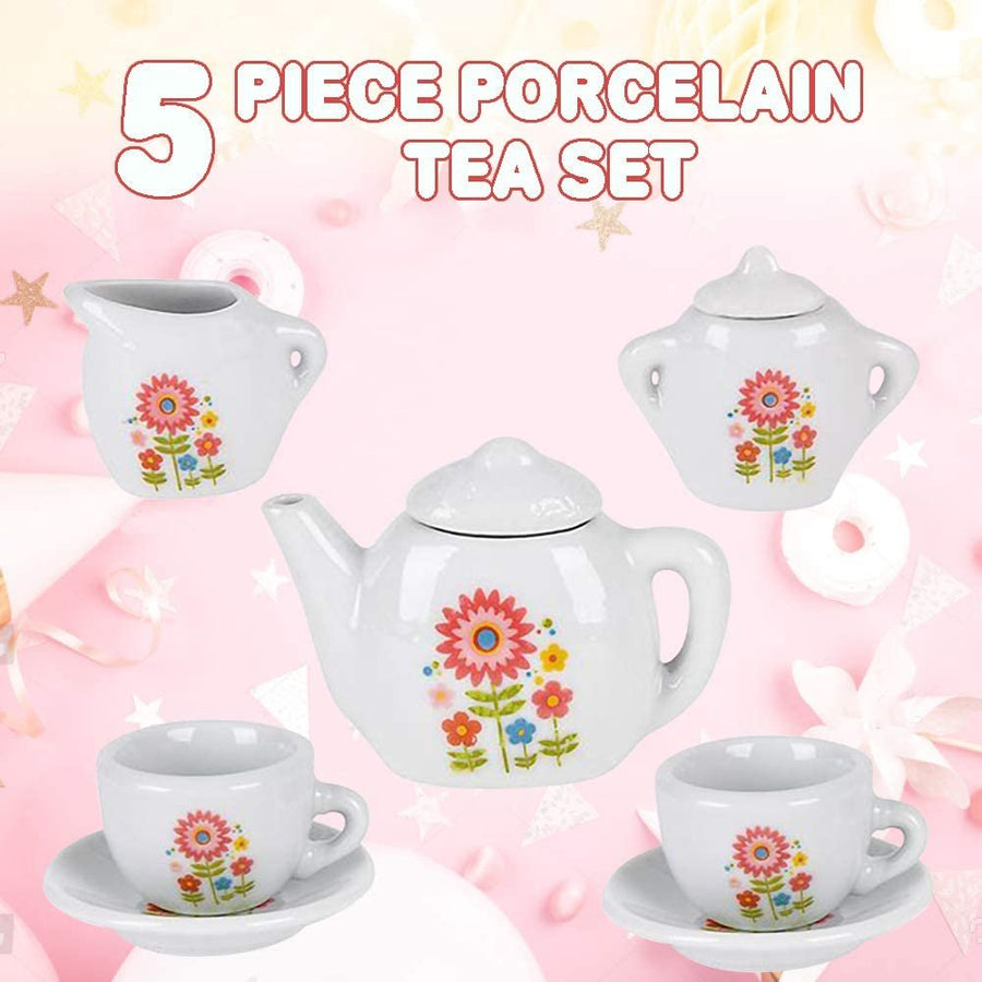 Mini Porcelain Tea Set for Kids - Ceramic Pretend Play Set - Miniature Saucers, Cups, Teapot, Sugar and Cream Dispenser - Best Holiday, Birthday Gift for Boys and Girls Ages 8+
