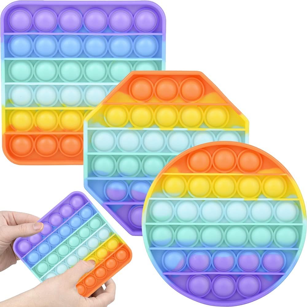 Rainbow Bubble Popper Shapes, Set of 3, Pop It Sensory Fidget Toys, Stress Relief Toys for Boys & Girls, Silicone Push Pop Toys for Kids, Cool Birthday Party Favors & Goodie Bag Fillers