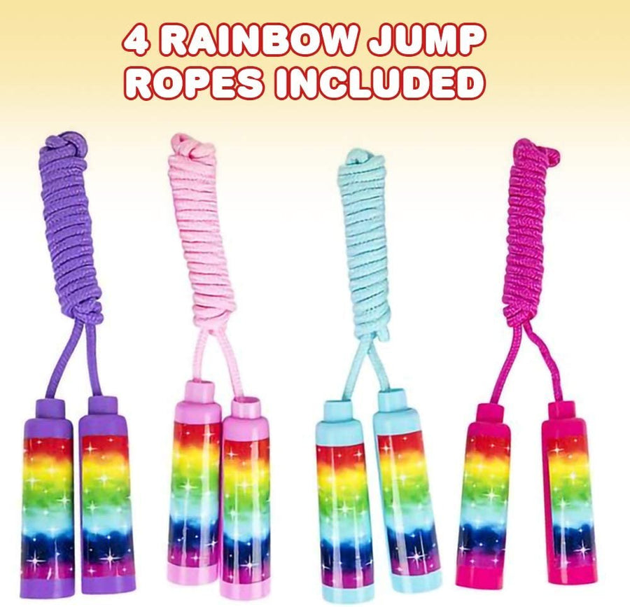 82" Rainbow Motif Jump Ropes, Set of 4, Vibrant Jumping Ropes for Kids, Durable Skipping Ropes with Plastic Handles, Great Birthday Party Favors, Goodie Bag Fillers for Boys & Girls