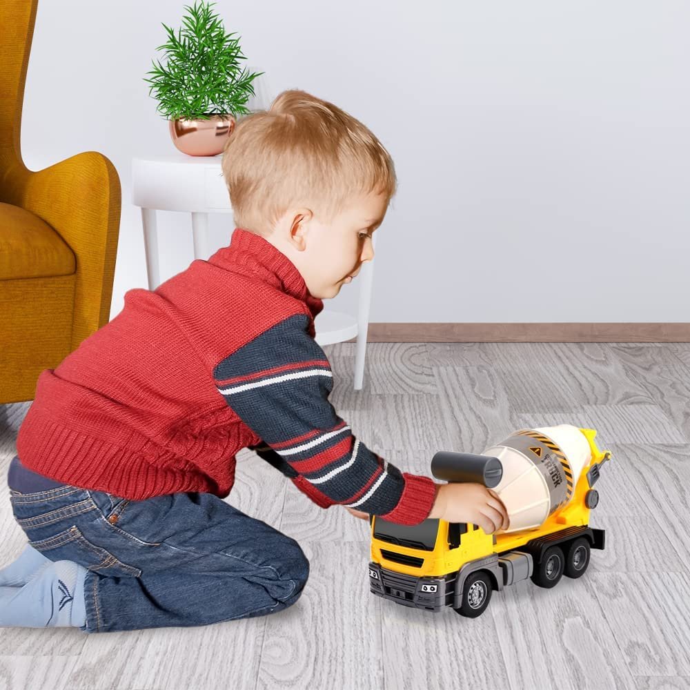 Light Up Cement Truck, Cement Mixer Toy Truck with Lights, Sounds, and Rotating Barrel, Push and Go Kids Construction Toys, Construction Vehicle Toys for Boys and Girls Ages 3 and Up