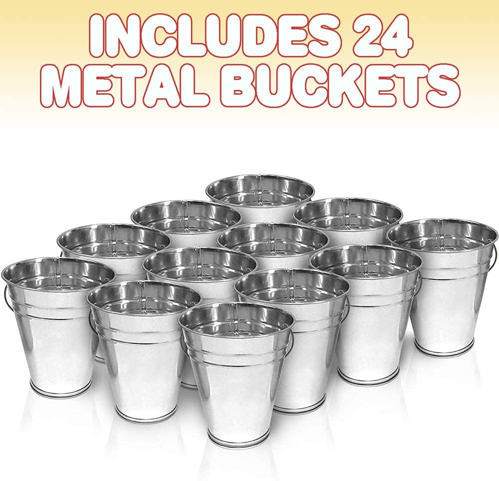 ArtCreativity Large Galvanized Metal Buckets with Handles, Set of 24, 5 Inch Metallic Pails, Rustic Wedding Decorations, Centerpieces for Party, Decorative Ice Buckets, Vase, Garden Planters