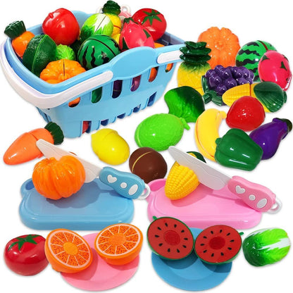 ArtCreativity Pretend Play Food Set, Fake Vegetable Basket for Kids, Cutting Board, Knives, Plates, Assorted Plastic Food Toys, Colorful Kitchen Accessories Set for Kids, Chef Playset for Hours of Fun
