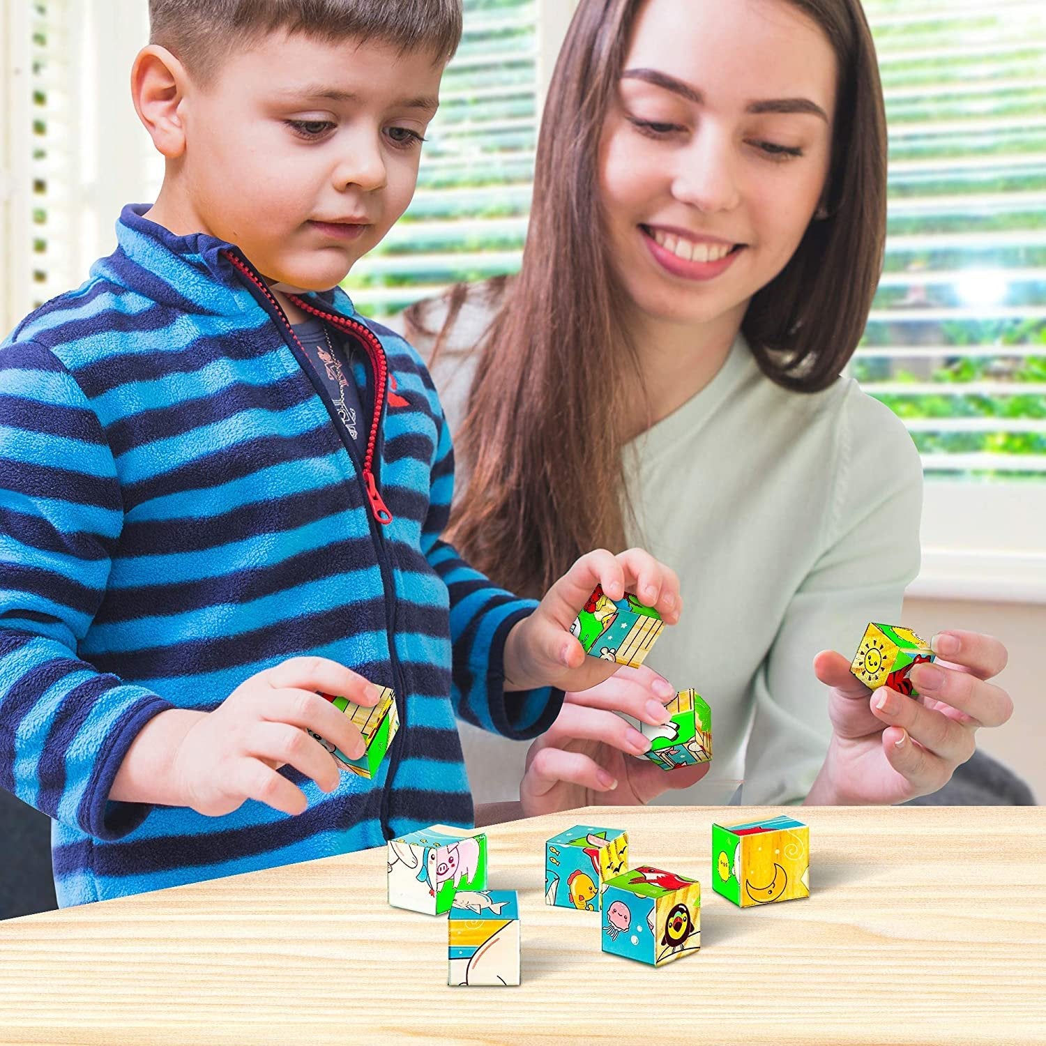 Gamie 6 in 1 Wooden Blocks Puzzle for Kids, Wood Animal Puzzle with 6 Nature Scenes, Fun Children’s Educational Learning Toy, Great Gift Idea for Boys and Girls