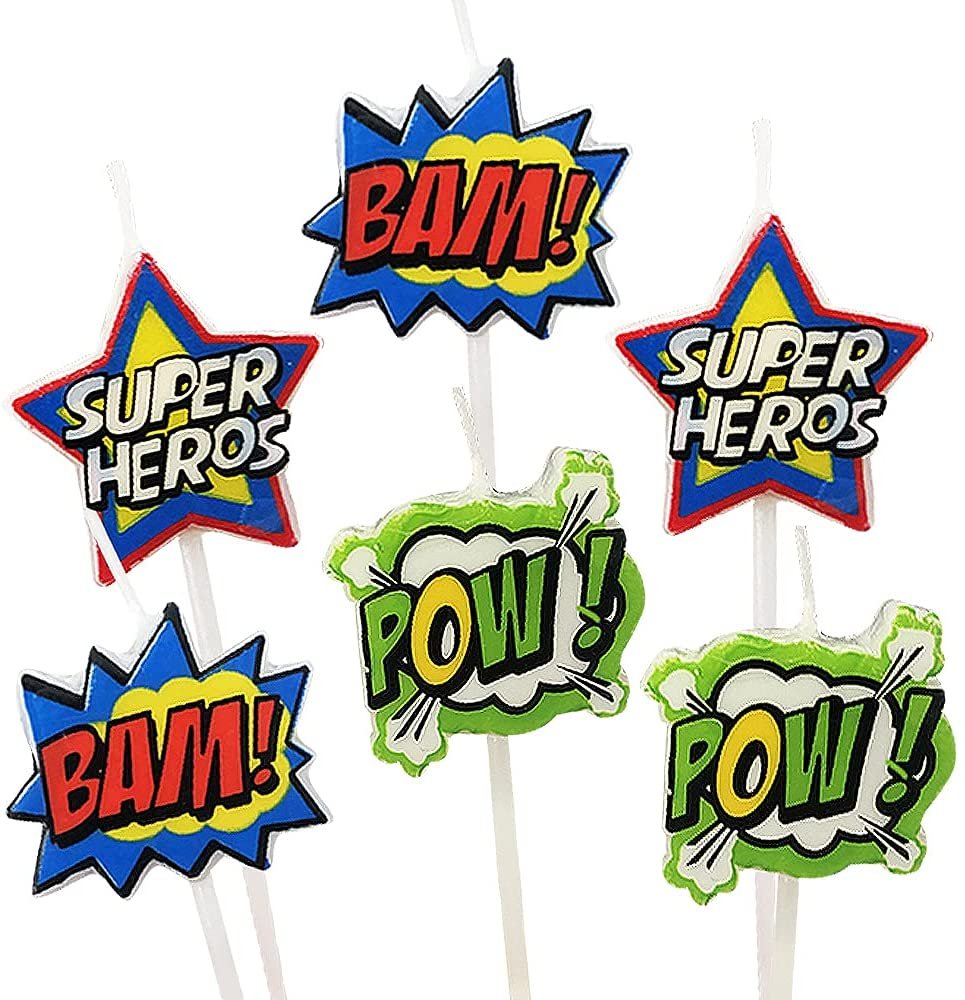 Superhero Pick Candles, Set of 6, Super Hero Themed Birthday Cake Candles, Birthday Party Supplies and Decorations, Cake Topper, Cupcake Topper