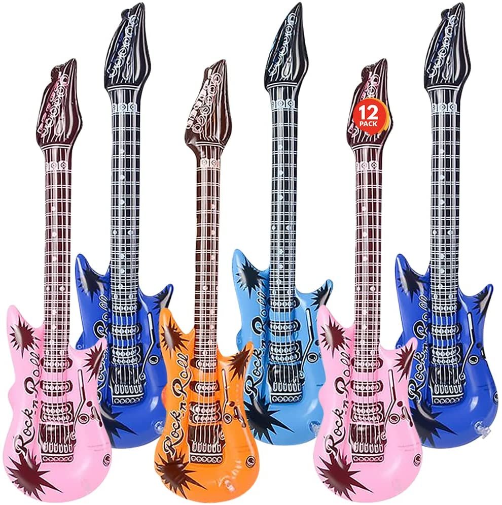 Rock Guitar Inflates, Set of 12, Inflatable Guitar Toys for Kids, Decorations for Music Themed Parties, 23" Long Guitar Balloons, Fun Pretend Play Accessories, Assorted Colors