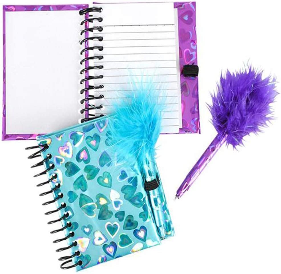 Notebook and Pen Set for Kids, Set of 2, Feather-Tipped Pen and Small Glittery Note Pad with Loop Pen Holder Per Set, Fun Stationery Party Favors, Goodie Bag Fillers, Teacher Rewards