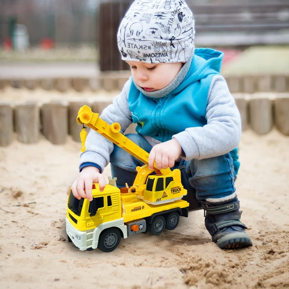 Light Up Crane Truck Toy, Kids’ Construction Toy with a Movable Crane, LEDs, and Sound Effects, Push and Go Construction Vehicle Toys for Kids, Crane Toys for Boys and Girls