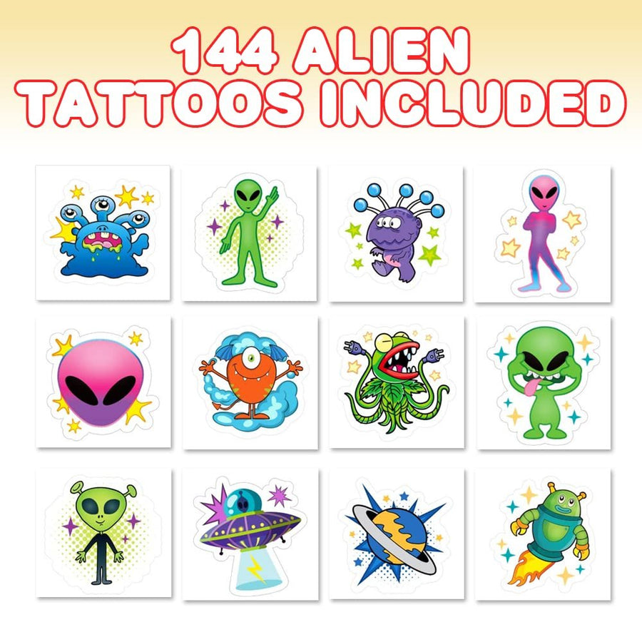 Alien Temporary Tattoos for Kids, Pack of 144, Funny Extraterrestrial Tattoos, Outer Space Birthday Party Favors, Goodie Bag Fillers, Non-Candy Halloween Treats, 12 Assorted Designs