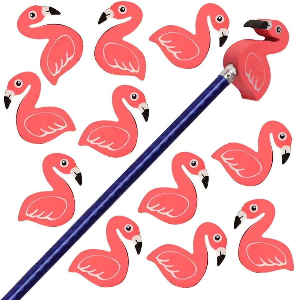 Flamingo Eraser Pencil Toppers, 12 Pcs, Cute Eraser Caps Toppers, Classroom Prize, Teacher Rewards, Tropical Birthday Party Favors, Goody Bag Stuffers for Boys and Girls