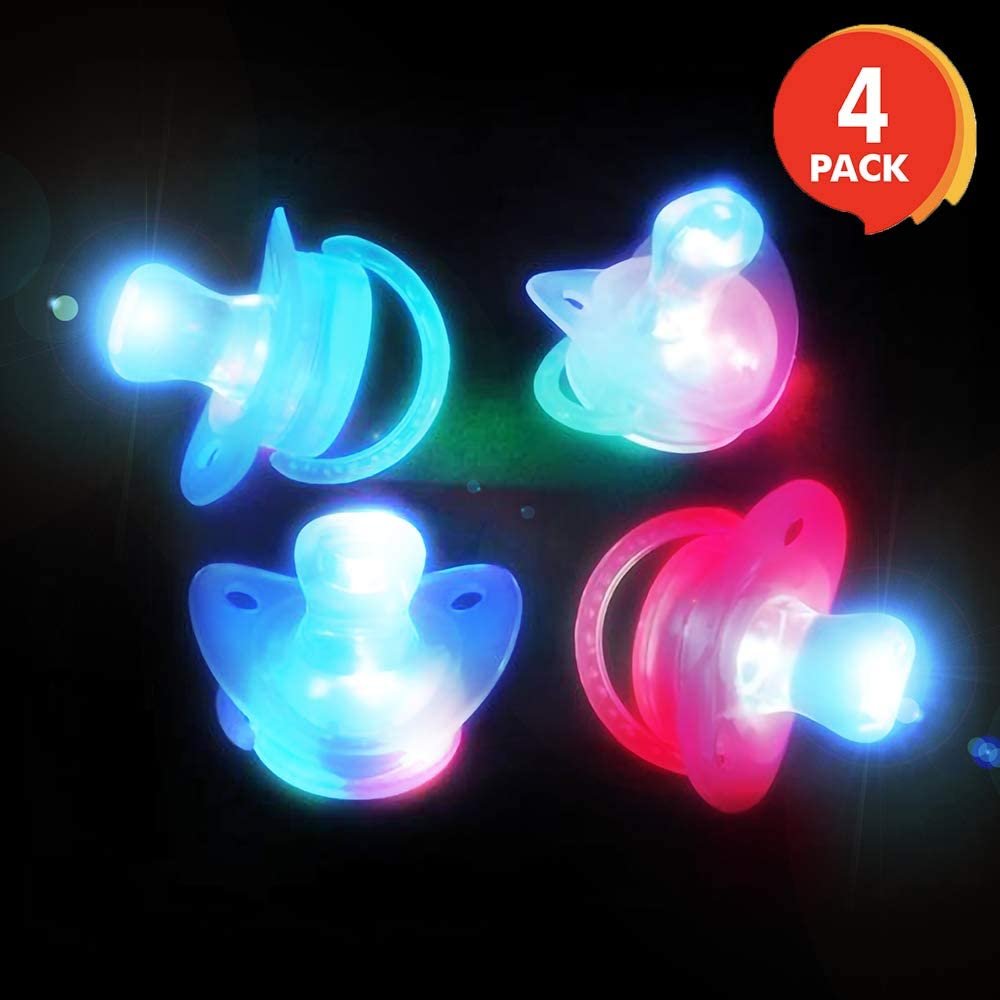 Light Up LED Pacifier Toys - Set of 4 - Flashing Rave Binkies for EDM Party and Concert - 100% Non-Toxic - Batteries Included - Gag Joke Gift - Binky Party Favors for Kids and Adults