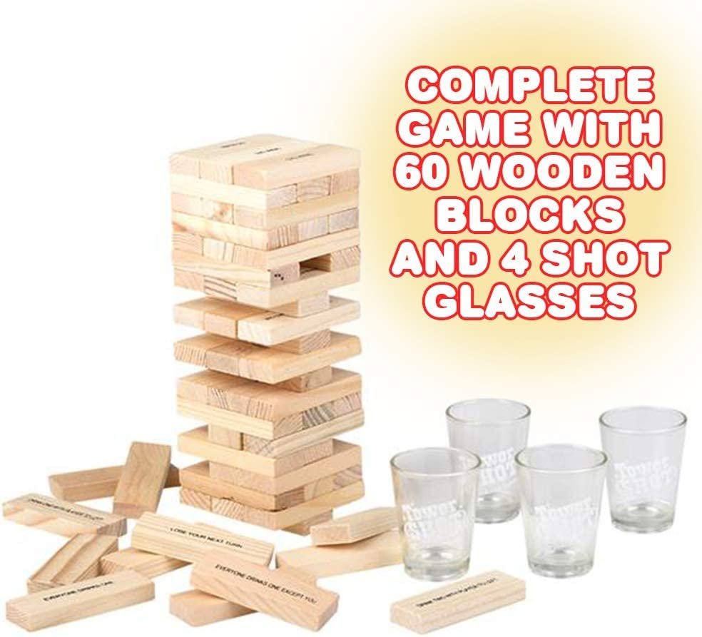 ArtCreativity Tumbling Tower Drinking Game, Drinking Game with 4 Glasses  and 60 Wooden Blocks with Challenges, Fun House Party Games for Game Night