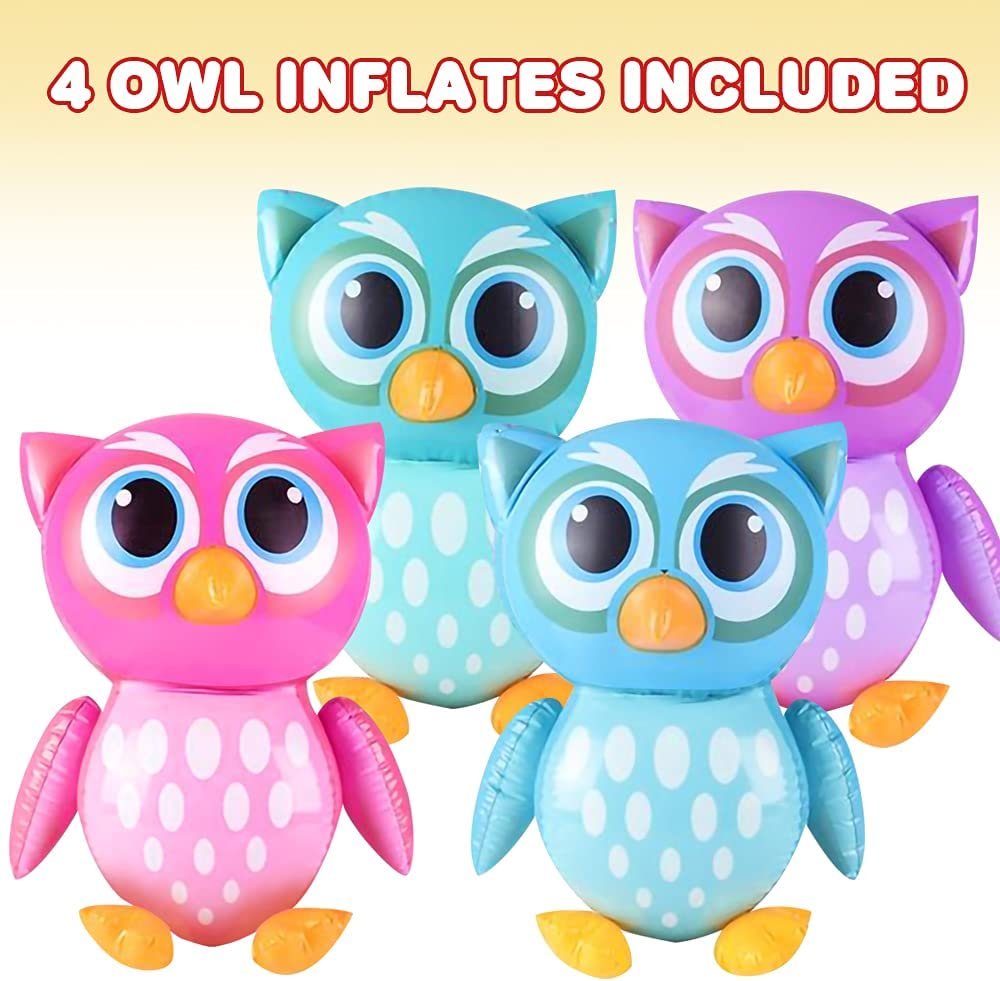 Inflatable Owls, Set of 4, Blow-Up Owl Inflates for Birthday Party Favors, Party Decorations and Supplies, Pool Party Float, and Game Prize for Kids