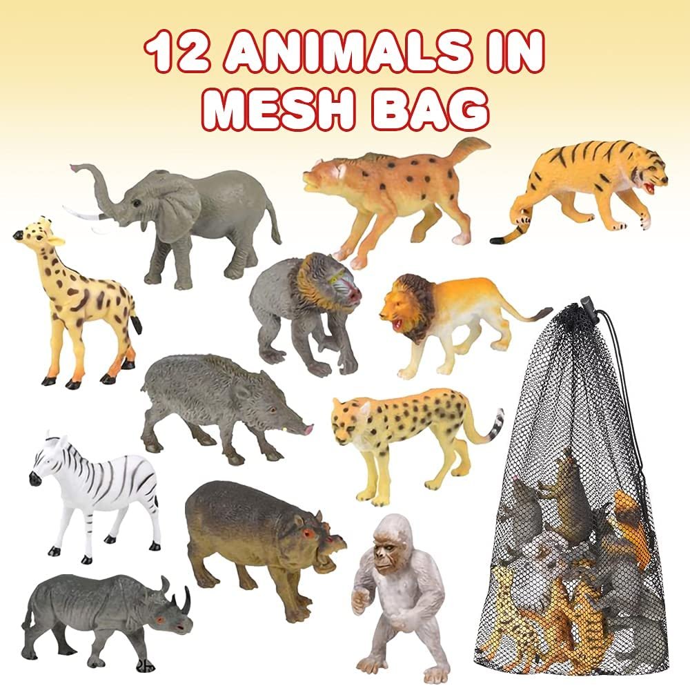 Animal Figures Assortment in Mesh Bag, Set of 12 Mini Animal Figurines in Assorted Designs, Fun Bath Water Playset for Kids, Party Favors for Boys and Girls