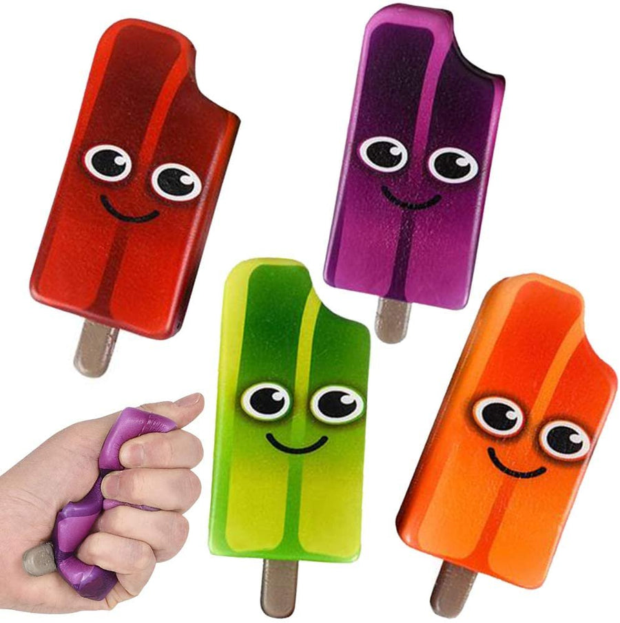 Ice Cream Pops Squeeze Toys for Kids, Set of 4, Squeezy Popsicle Toys with Smiley Faces, Stress Relief Sensory Toys for Boys and Girls, Fun Ice Cream Birthday Party Favors, 4 Colors