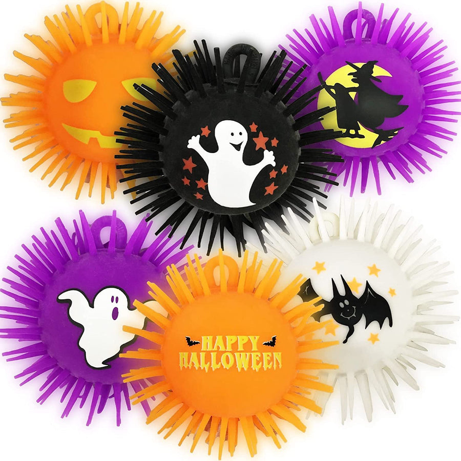 Light Up Halloween Puffer Balls, Set of 6, Soft and Spiky Stress Balls for Kids in Assorted Colors, LED Anxiety Relief Toys, Halloween Party Favors, Non-Candy Trick or Treat Supplies