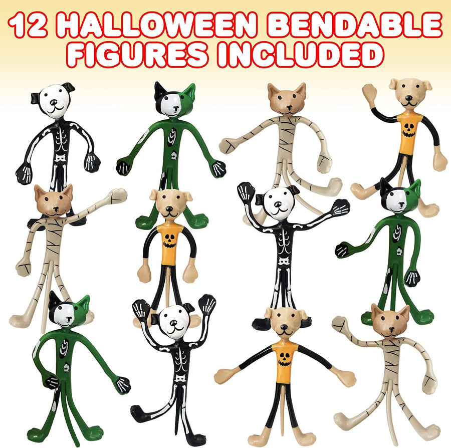 Halloween Bendable Figures, Set of 12, 3D Halloween Themed Dogs and Cats in 4 Different Designs, Stress Relief Toys for Boys and Girls, and Non-Candy Trick or Treat Supplies