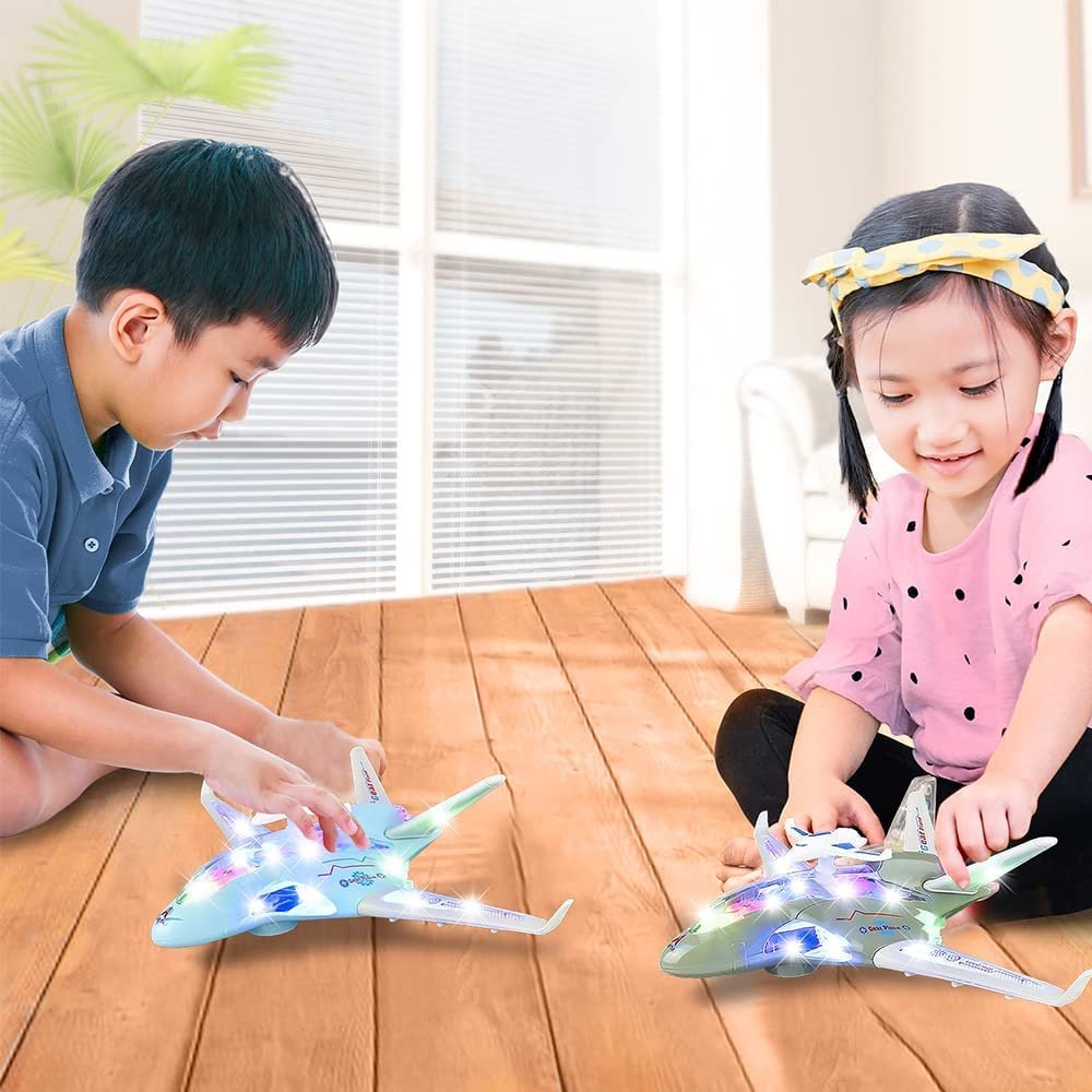 Light Up Transparent Fighter Jet for Kids, Bump and Go Kids Airplane with Colorful Spinning Gears, Music, & LED Effects, Fun Toy Airplane for Boys and Girls