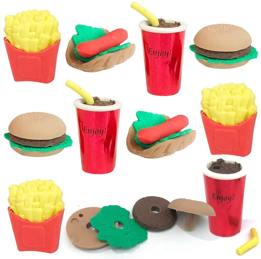 Pull Apart 3D Junk Food Erasers, Set of 12, Mini Assorted Food Erasers for Kids, Back to School Supplies for Boys and Girls, Birthday Party Favors and Goodie Bag Fillers