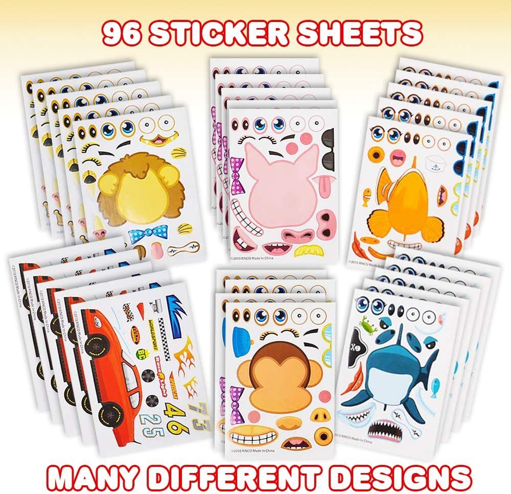 Make Your Own Sticker Assortment, Bulk Set of 96 Sheets, Unique Arts ‘n Crafts Activity Supplies Kit for Kids, Sticker Prize, Fun Birthday Party Favor, Goodie Bag Filler