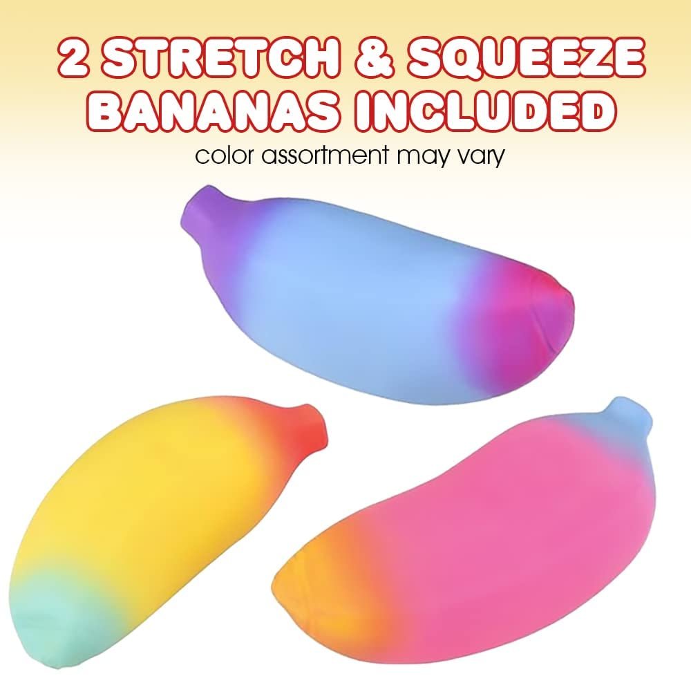 ArtCreativity Rainbow Banana Squeeze Toys, Set of 2, Sensory Toys for Kids and Adults, Stretchy Fidgeting Toys in Vibrant Colors, Goodie Bag Stuffers, Zoo Birthday Party Favors, and Co-worker Gifts