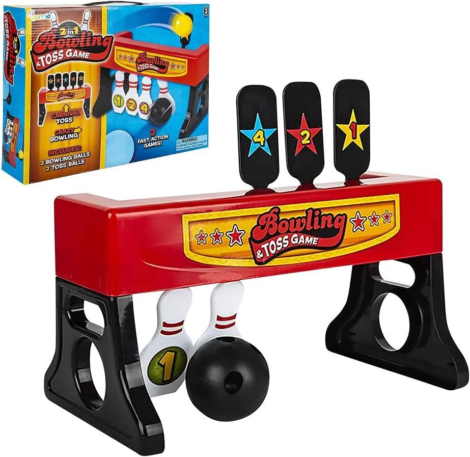 Gamie 2-in-1 Bowling and Tossing Game for Kids - Fun Indoor Carnival Game - Includes Base, Balls and Stickers - Durable Plastic - Cool Party Activity - Toss and Bowl Game for Toddlers, Boys, Girls