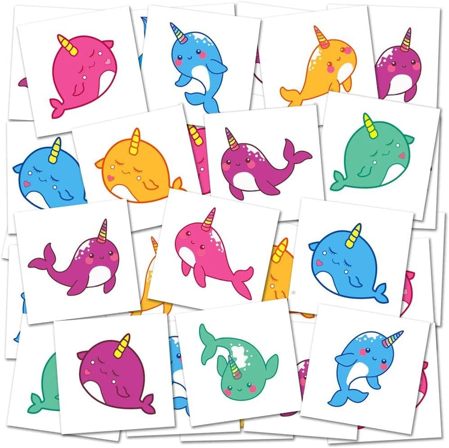 Narwhal Temporary Tattoos for Kids - Bulk Pack of 144 in Assorted Colors, Non-Toxic 2" Narwhal Tats, Birthday Party Favors, Goodie Bag Fillers, Non-Candy Halloween Treats