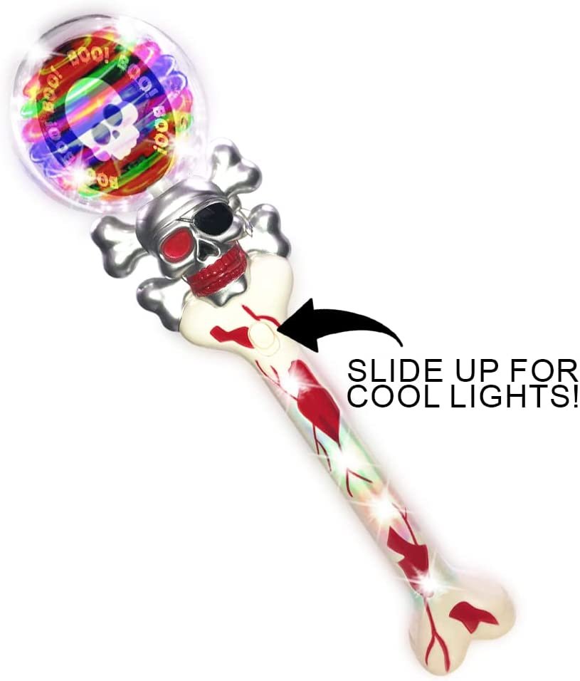 Light Up Spinning Skull Wand, 14" LED Spin Toy for Kids, Batteries Included, Great Idea for Boys and Girls, Pirate Birthday Party Favor, Carnival Prize