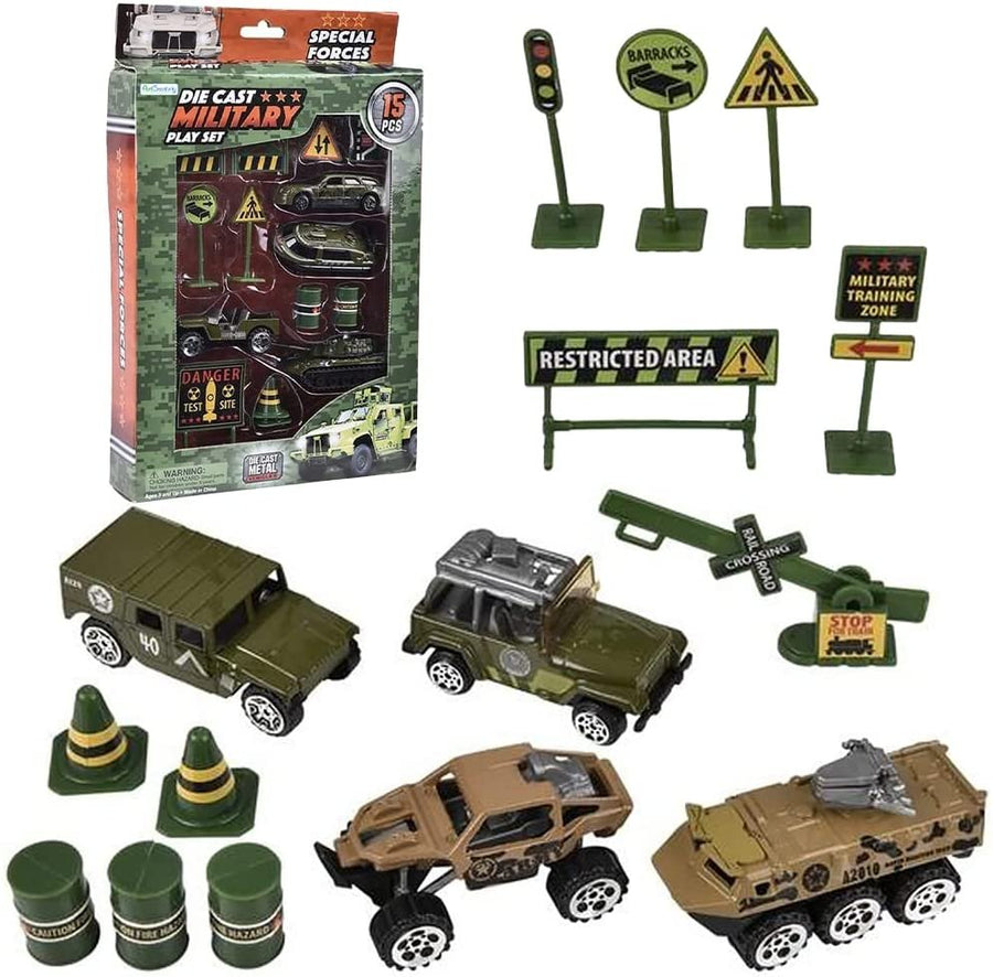 Diecast Military Playset for Kids, 15-Piece Set with Army Trucks, Signs, Gas Cans and More, Imagination-Sparking Army Toys for Boys and Girls, Durable Army Truck Playset