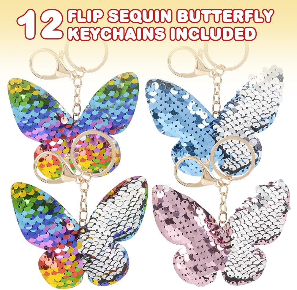 Art Creativity Flip Sequin Butterfly Keychain, Pack of 12, Double-Sided Butterfly Shape Key Chain Charms for Backpacks, Purses, Luggage, Birthday Party Favors