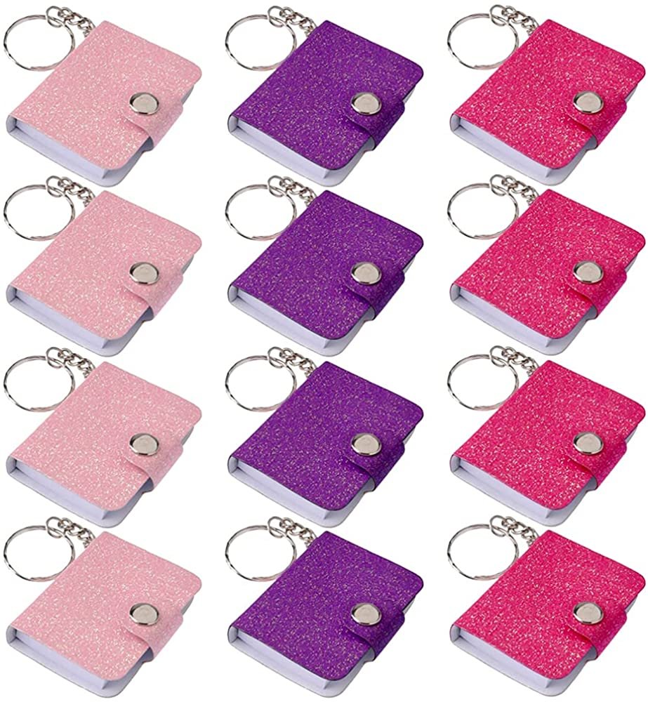 Mini Glitter Notebook Keychains, Set of 12, Miniature Note Book Keychains with 100 Unlined Pages and Glittery Finish, Party Favors and Keychain Accessories for Boys and Girls