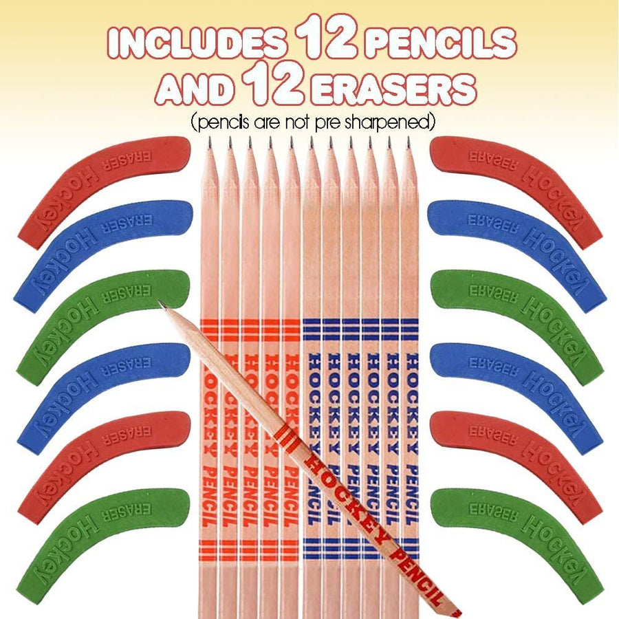 Hockey Pencils for Kids and Adults - Set of 12 - Includes 9" Pencils with Eraser Topper - Unique School Stationary Supplies - Birthday Party Favor for Boys and Girls, Classroom Prize