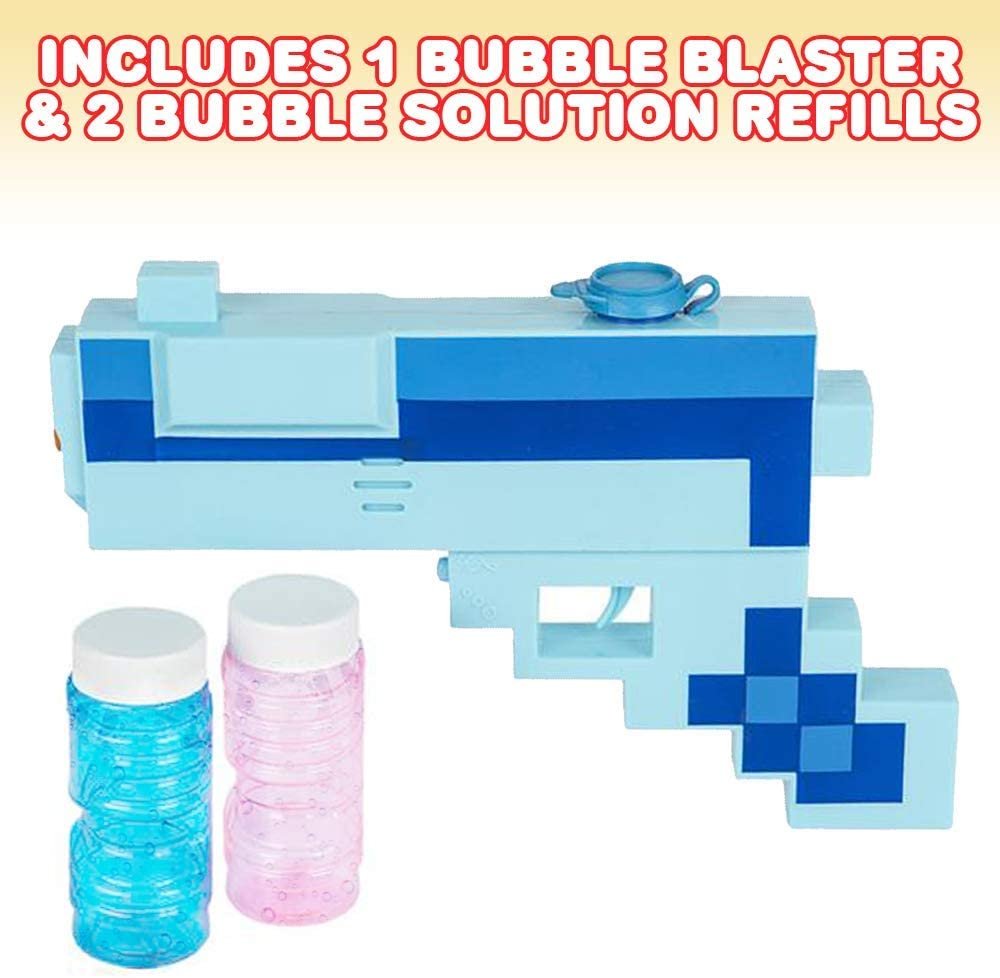 Pixel Bubble Blaster Toy Gun with Light and Sound Effects, 2 Bottles of Bubble Solution and Batteries Included, Cute Light Up Pixel Bubble Blower for Boys and Girls, Best Gift Idea