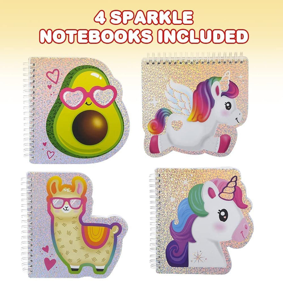 Sparkle Notebooks for Kids, Set of 4, Unruled Notebooks with Glitter, Includes 4 Adorable Designs, Back to School Gifts for Kids, Princess Party Favors and Holiday Stocking Stuffers
