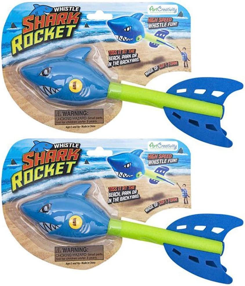 Shark Rockets for Kids, Set of 2, Foam Flying Toys for Boys and Girls with Whistle Sound, Beach, Park, and Backyard Outdoor Fun, Cool Birthday Party Favors, Goodie Bag Fillers