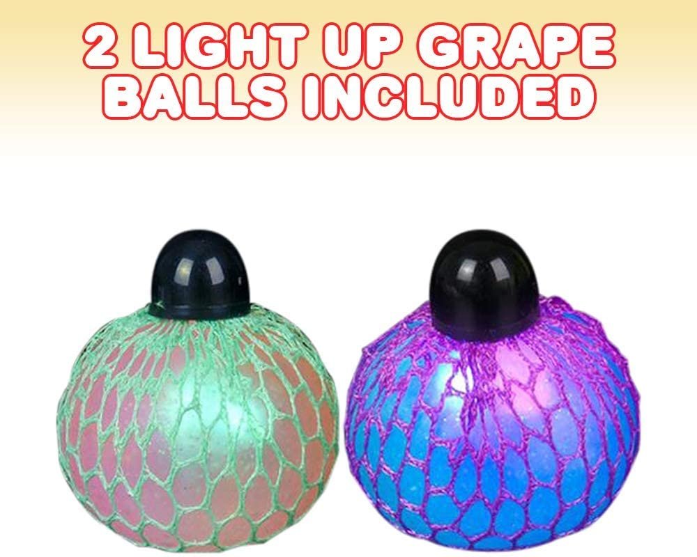 ArtCreativity Light-Up Squeeze Mesh Grape Stress Balls, Pack of 2, LED Squeeze Balls with Glitter, Stress Relief Fidget Sensory Toys for Autistic Children, Gifts, Party Favors, for Kids and Adults
