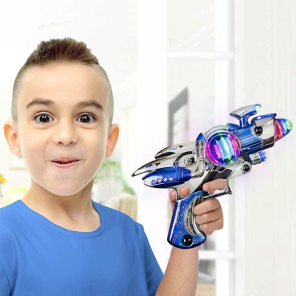Red and Blue Super Spinning Space Blaster Laser Gun Set with Flashing LEDs and Sound Effects - Pack of 2 - Cool Futuristic Toy Guns - Batteries Included - Great Gift Idea for Kids