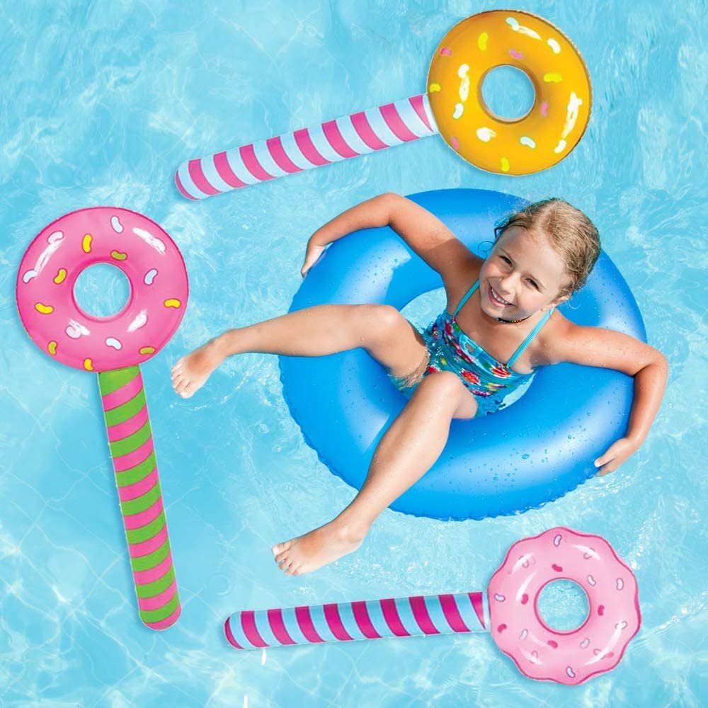 Donut Lollipop Inflates, Set of 12 Inflatable Donut Lollipops with 4 Designs, Decorations for Themed Parties, Swimming Pool Party Essentials, Birthday Party Props, 32.5"es