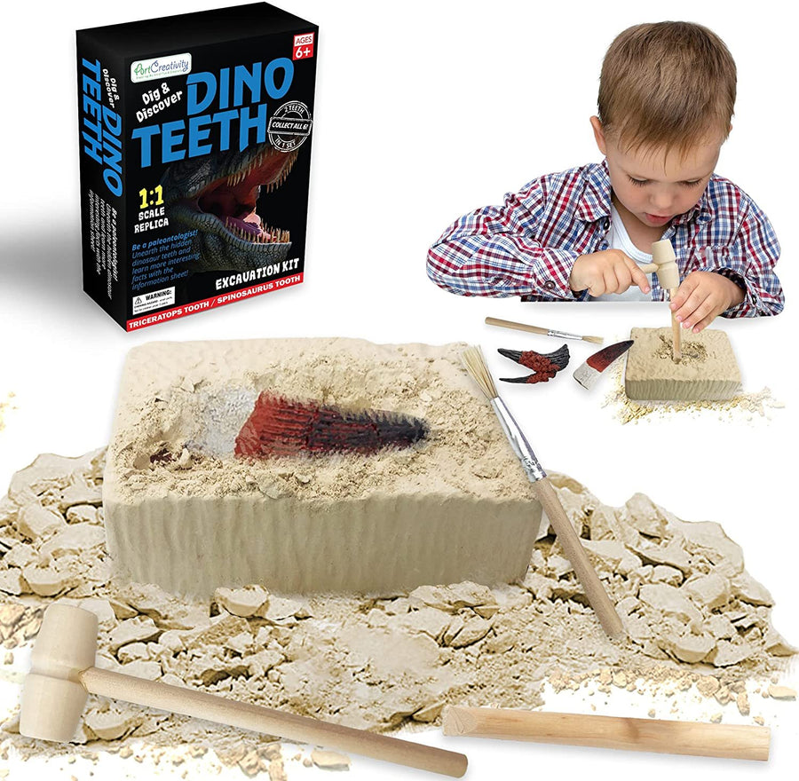 Dino Teeth Dig and Discover Excavation Kit for Kids, Includes Triceratops and Spinosaurus Toy Fossil Teeth with 2 Digging Tools, Interactive Dinosaur Gifts for Boys and Girls