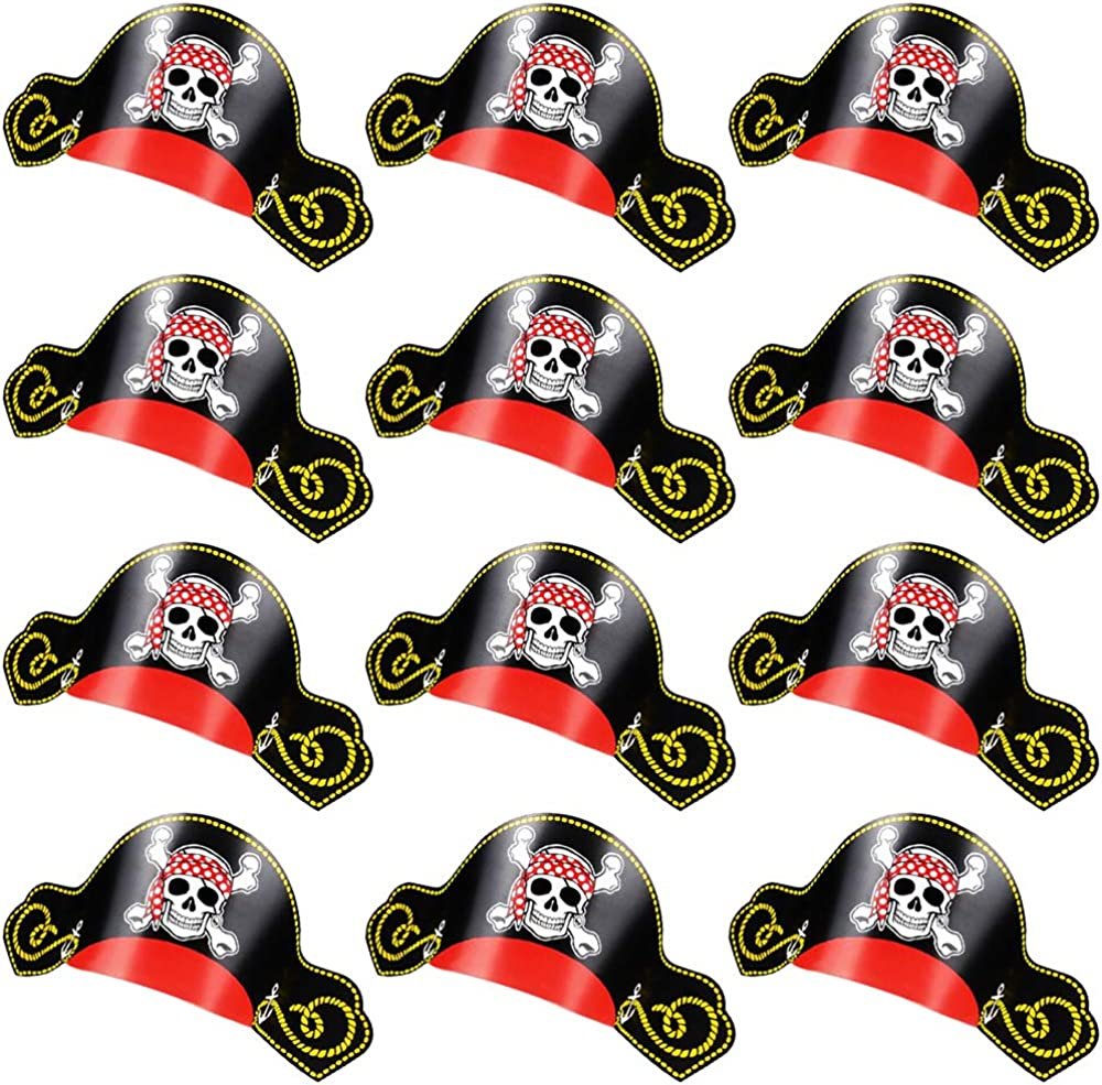 Paper Pirate Party Hats for Kids, Set of 12, Pirate Party Supplies, Hats with Skull Wearing Red Bandana, Cool Pirate Birthday Party Favors, Goodie Bag Fillers for Kids and Adults