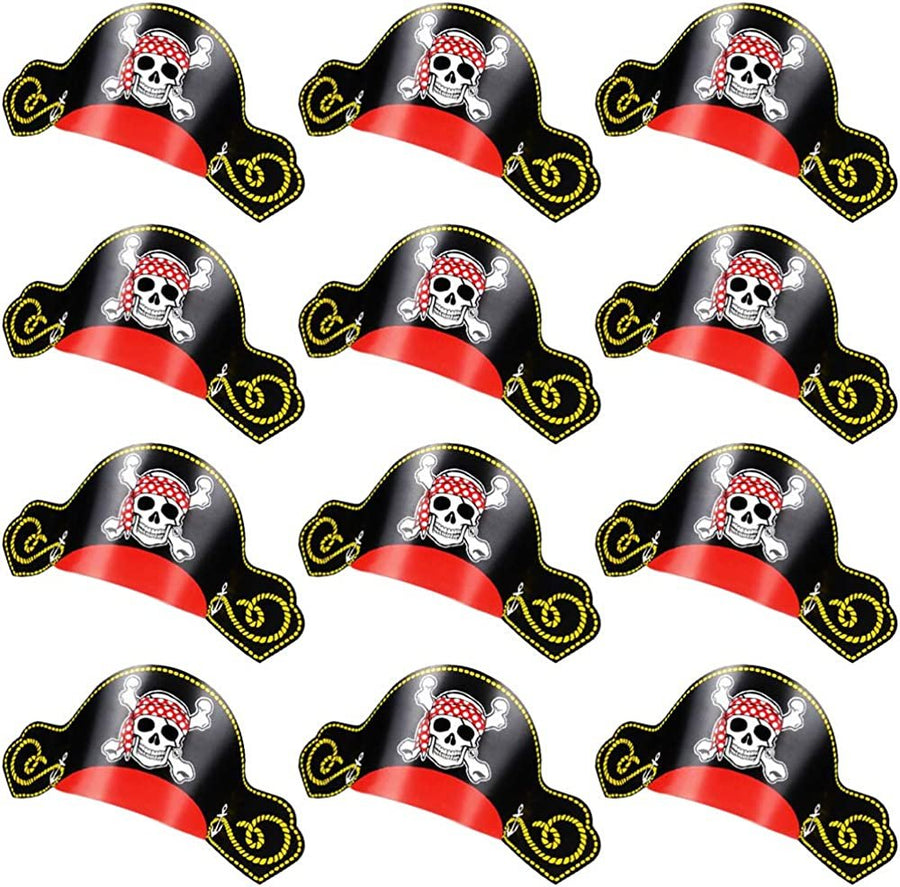 Paper Pirate Party Hats for Kids, Set of 12, Pirate Party Supplies, Hats with Skull Wearing Red Bandana, Cool Pirate Birthday Party Favors, Goodie Bag Fillers for Kids and Adults