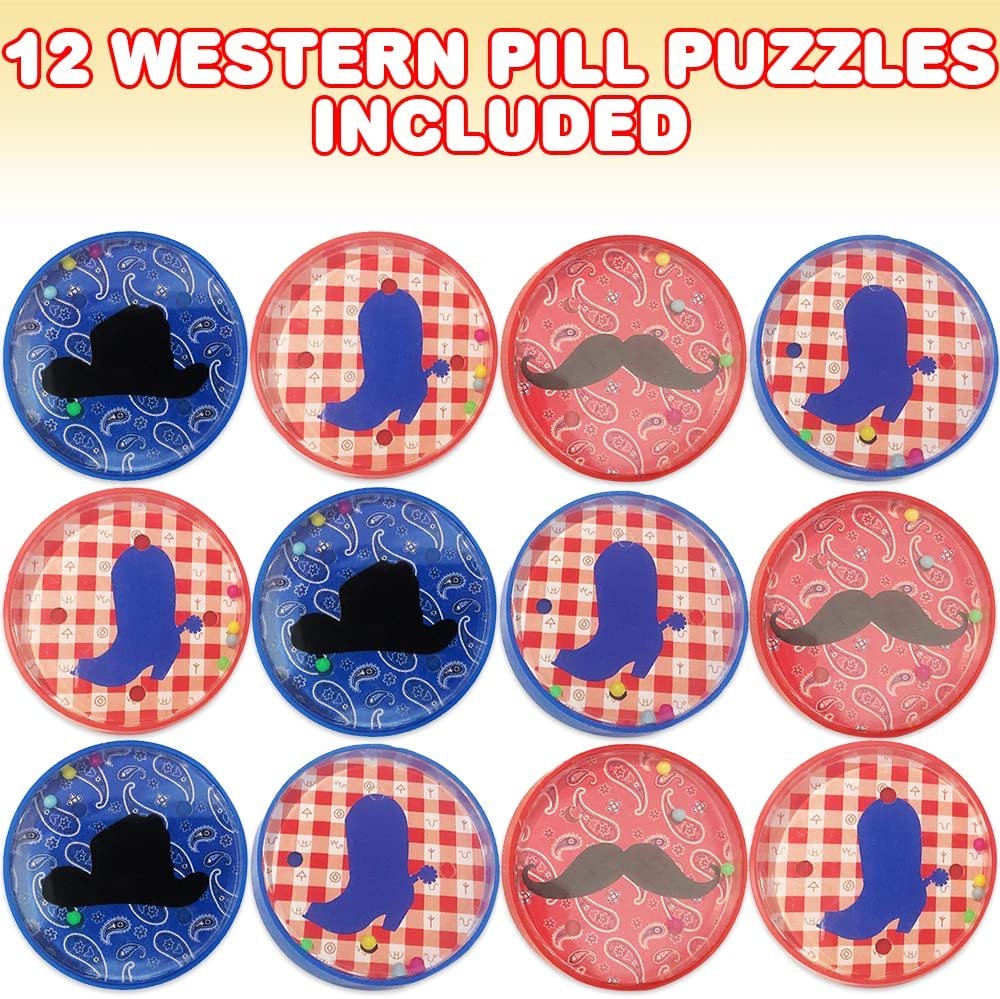 Western Pill Puzzles for Kids, Set of 12, Ball Puzzles in Assorted Designs, Great as Birthday Party Favors, Carnival Prizes for Kids, Goodie Bag Fillers, and Stocking Stuffers