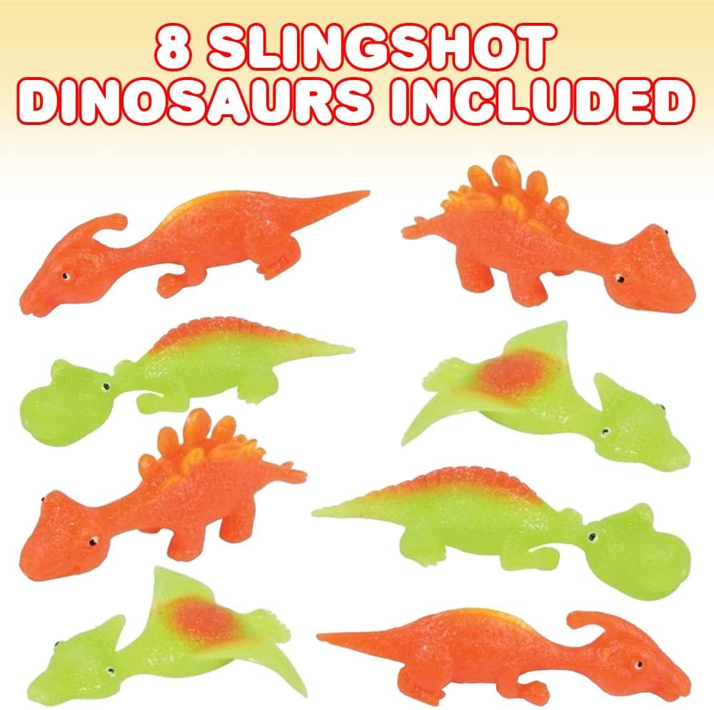 Stretchy Slingshot Dinosaur Toys, 4 Packs with 2 Dinos Each, Sling Shot Dino Toys for Kids, Outdoor Shooting Toys for Boys & Girls, Fun Dinosaur Birthday Party Favors, Goodie Bag Fillers