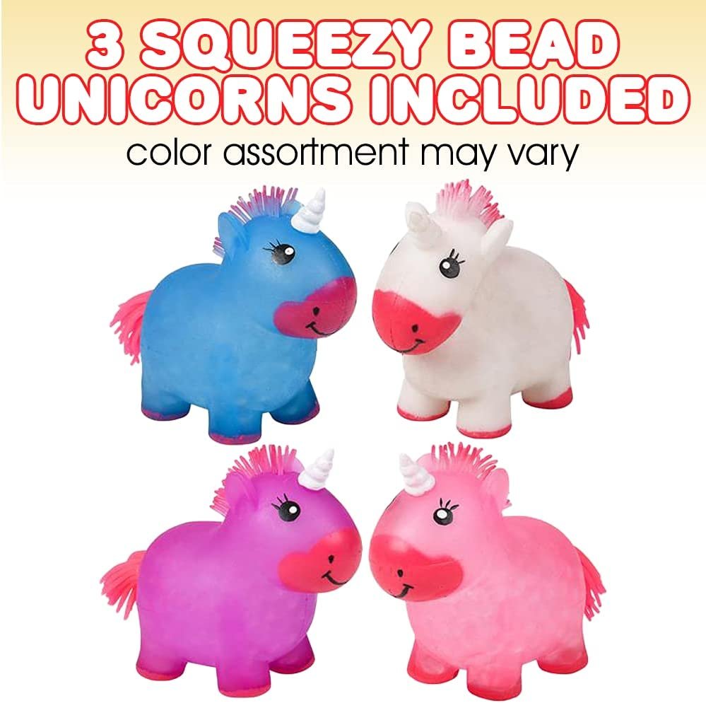 Squeeze Bead Unicorn Toys, Set of 3, Stress Relief Toys for Kids and Adults, Unicorn Party Favors for Girls and Boys, Soothing Sensory Toys, Princess Party Supplies, Classroom Prizes