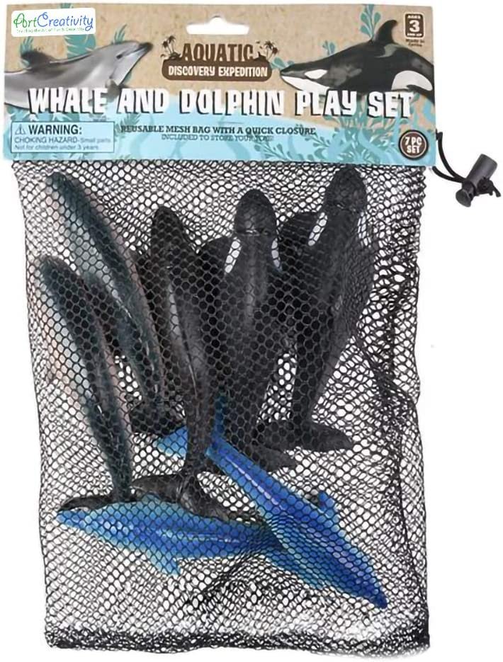 ArtCreativity Dolphins & Whales in Mesh Bag, Pack of 6 Sea Creature Figurines in Assorted Designs, Bath Water Toys for Kids, Ocean Life Party Décor, Party Favors for Boys and Girls