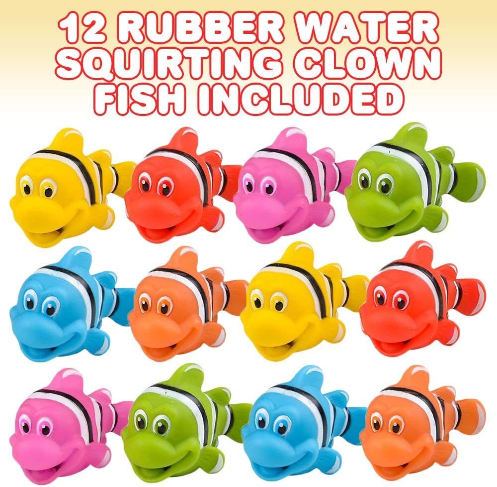 Rubber Water Squirting Clownfish, Pack of 12, Bathtub and Pool Toys for Kids, Safe and Durable Fish Water Squirters, Birthday Party Favors, Goodie Bag Fillers