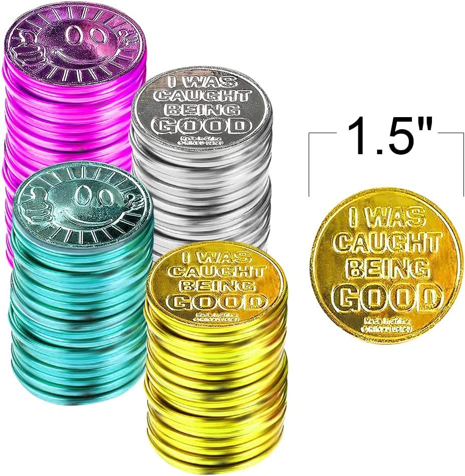 Colorful Coin Collection - Pack of 144 – ‘I was Caught Being Good’ Coins, Tokens for Kids Behavior - Smile Face Fake Money Coins, Ideal School Reward and Prize from Mom to Kids Ages 3+